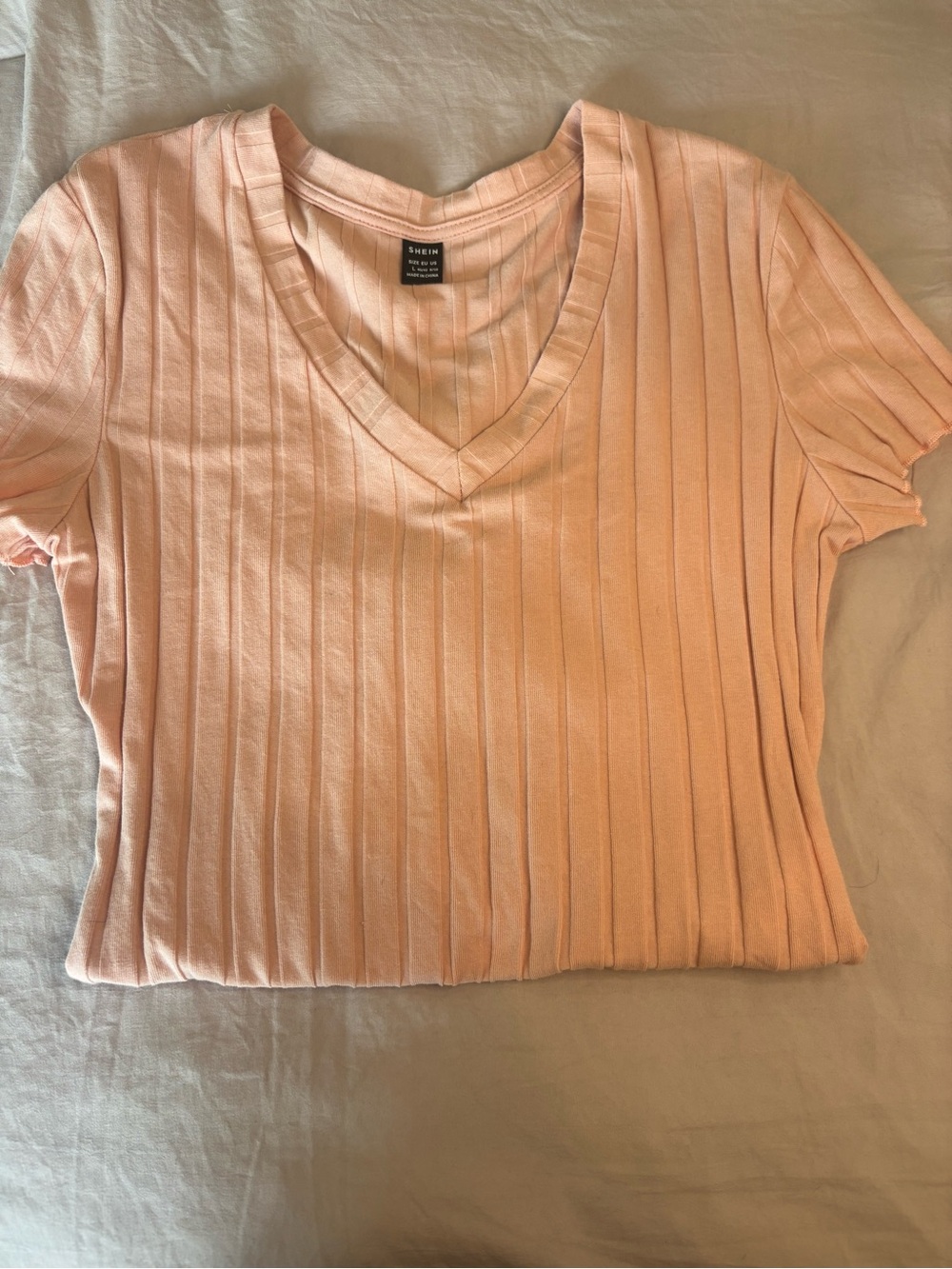 SHEIN Pale Peach Ribbed V-Neck Short Sleeve Top